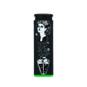 Potion Witch refillable torch lighter, black with white witch art and green base