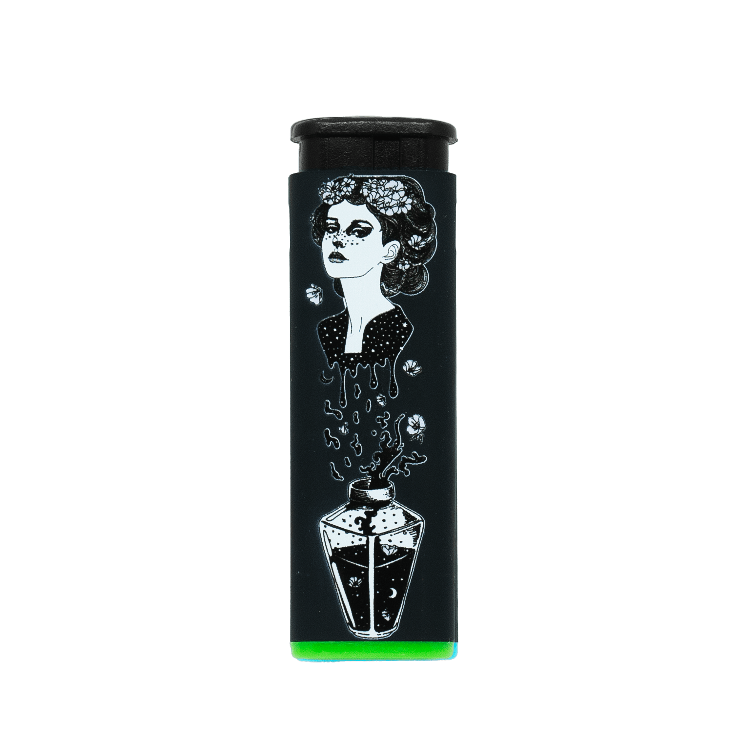 Potion Witch refillable torch lighter, black with white witch art and green base