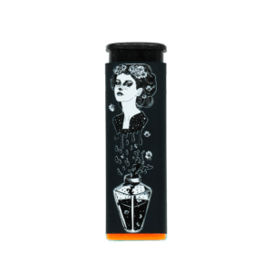 Potion Witch refillable torch lighter, black with white witch art and orange base
