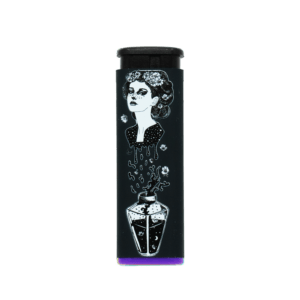 Potion Witch refillable torch lighter, black with white witch art and purple base