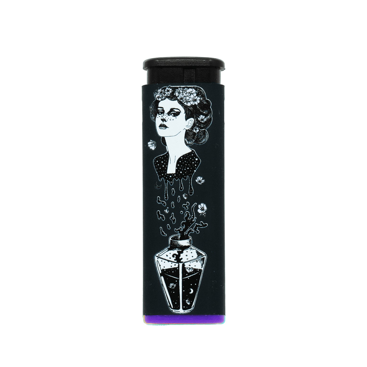 Potion Witch refillable torch lighter, black with white witch art and purple base