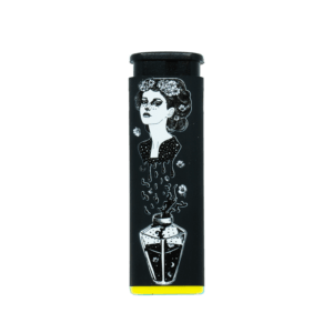 Potion Witch refillable torch lighter, black with white witch art and yellow base