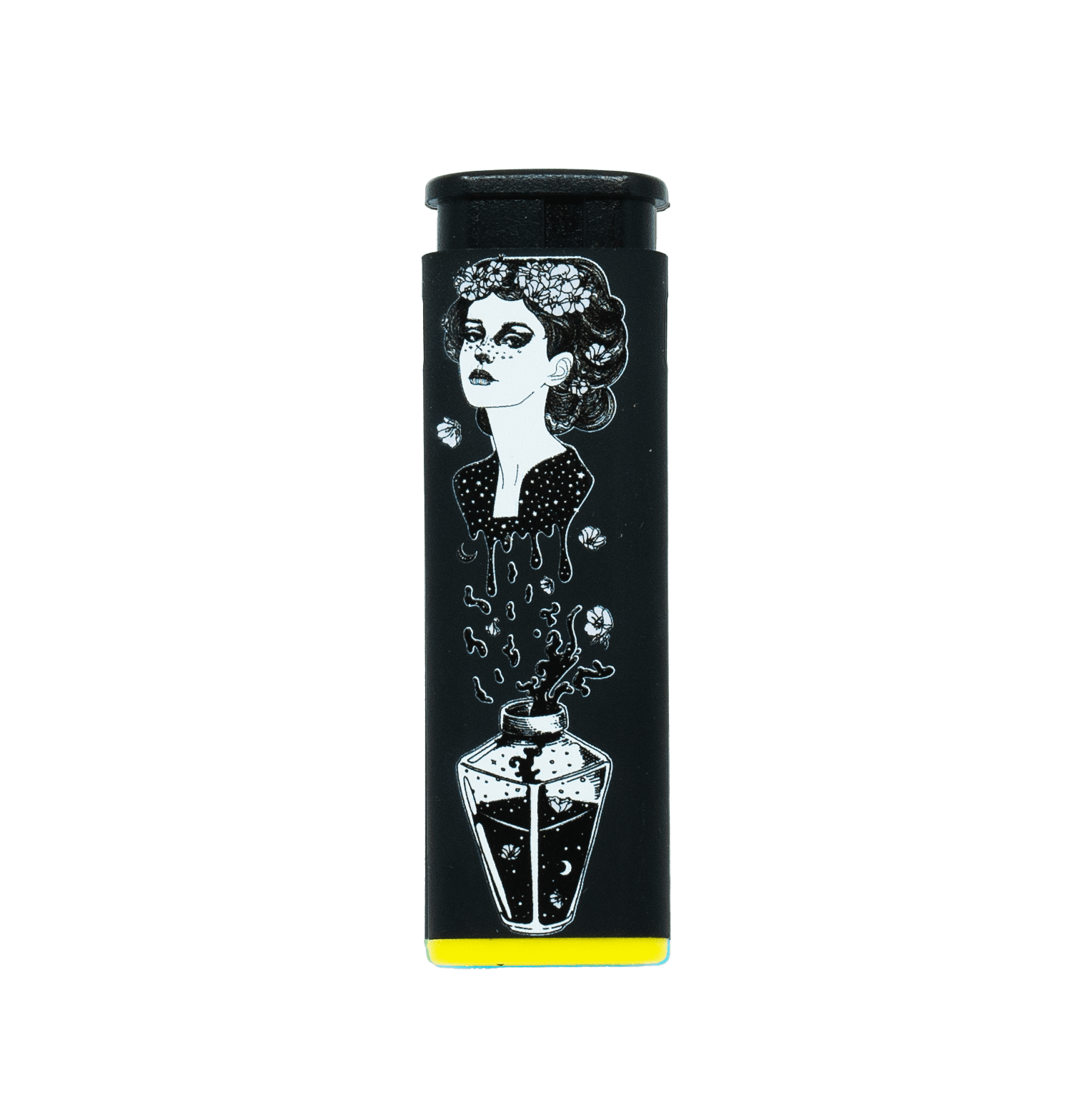 Potion Witch refillable torch lighter, black with white witch art and yellow base