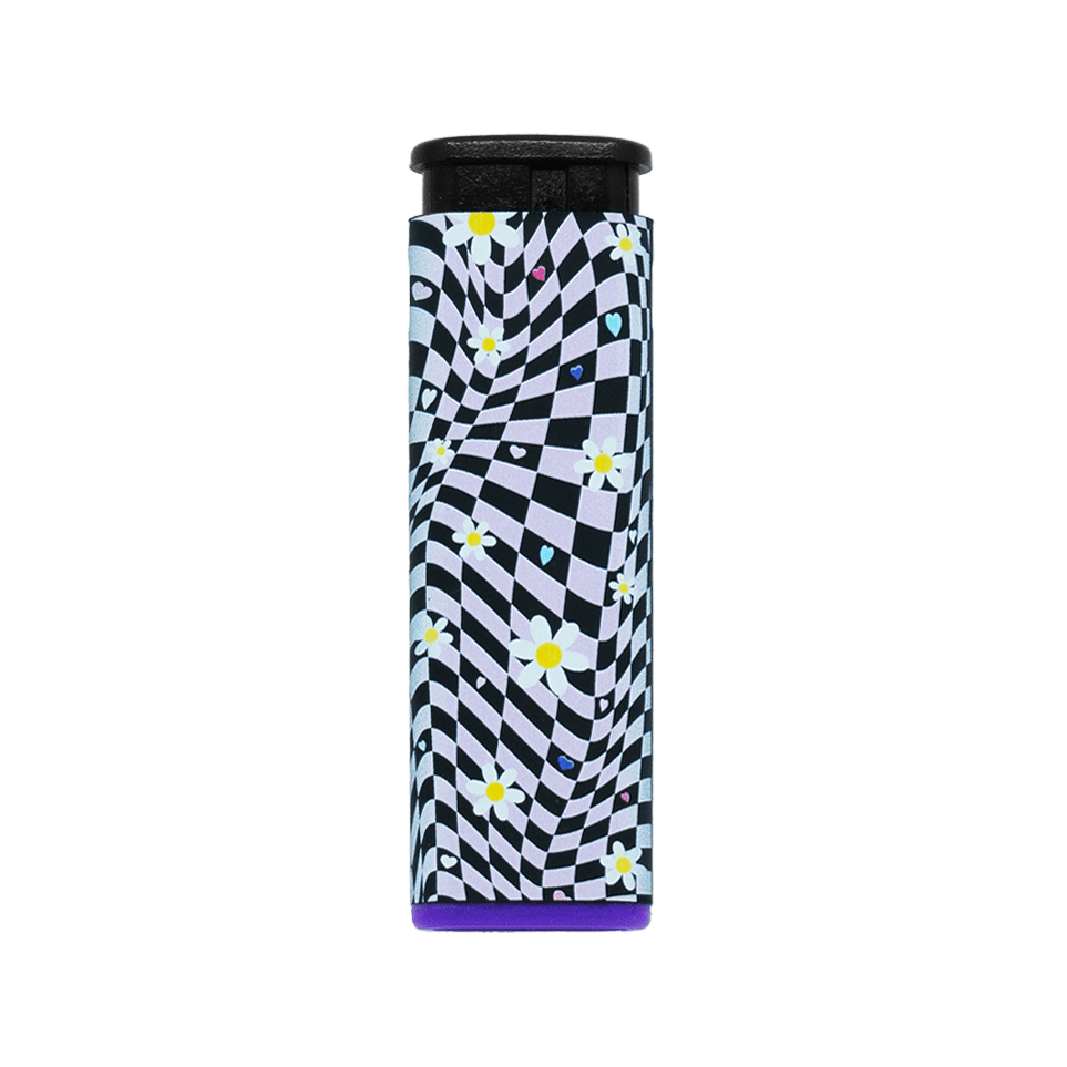 Daisy Chain refillable torch lighter with black and white daisy print, purple base