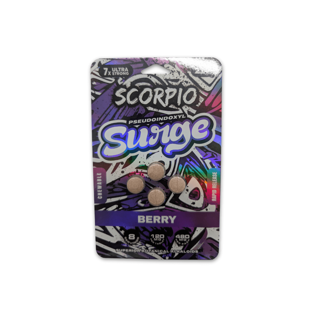 Scorpio Surge pseudo tablets in berry flavor, 480mg pouch with scorpion artwork