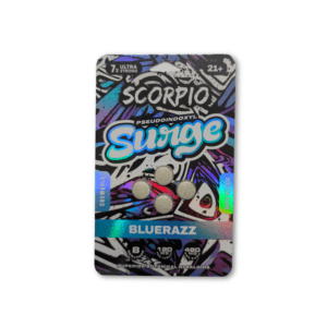 Scorpio Surge pseudo tablets in blue razz flavor, 480mg dark pouch with 4 tablets