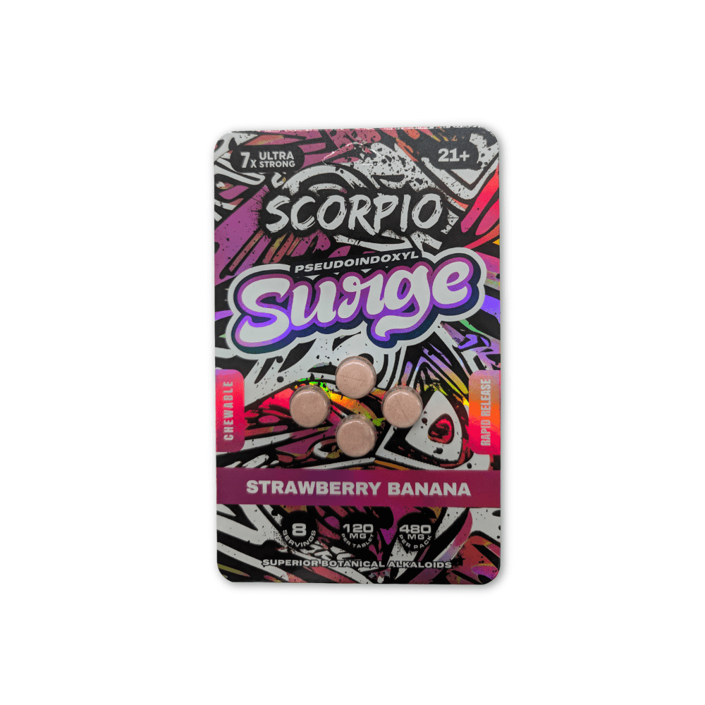 Scorpio Surge pseudo tablets in strawberry banana, 480mg pouch with scorpion art