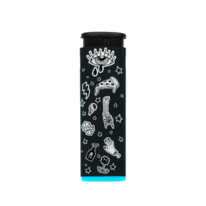 Sweet Vices refillable windproof torch lighter in black with white doodle artwork