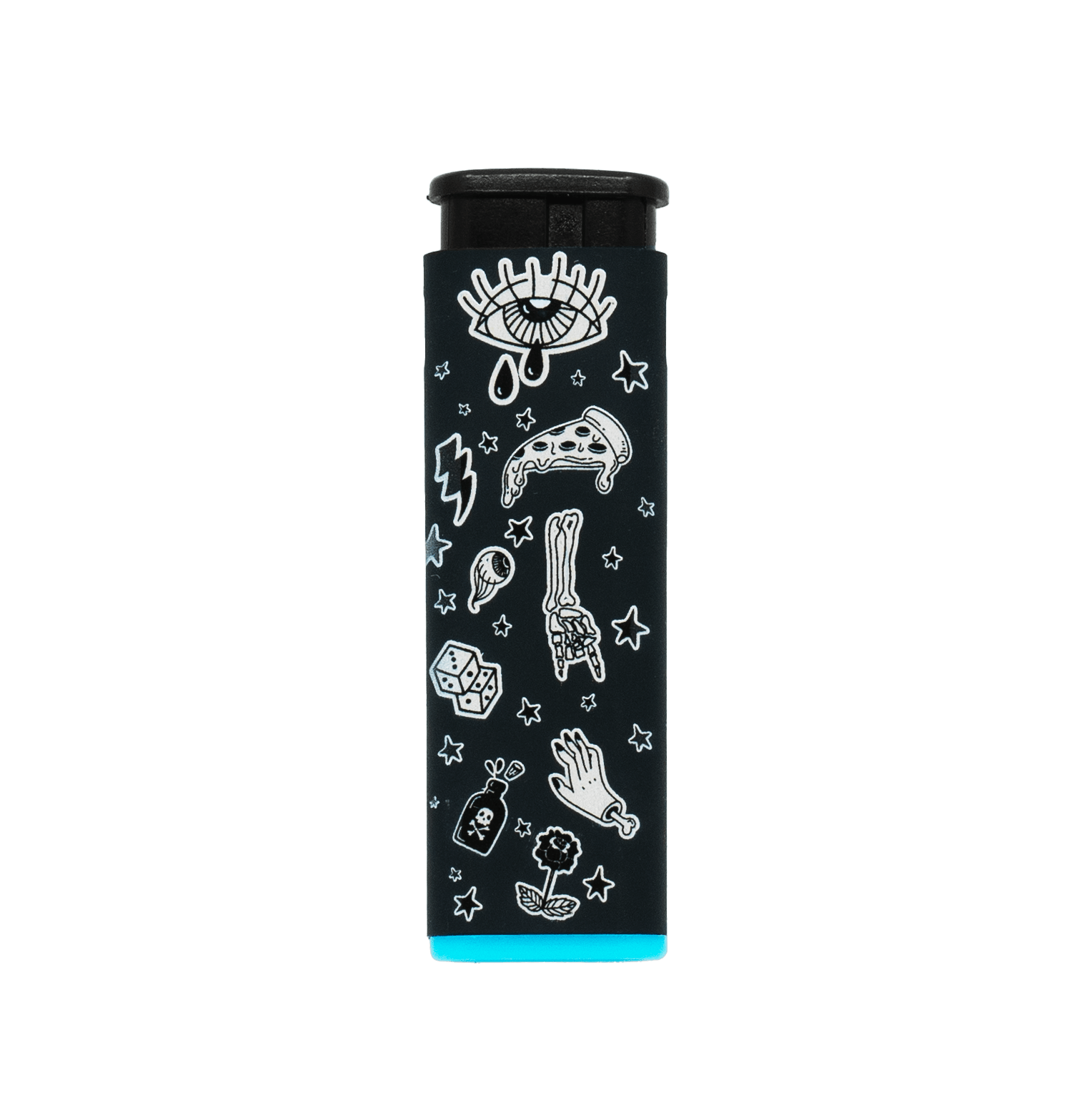 Sweet Vices refillable windproof torch lighter in black with white doodle artwork