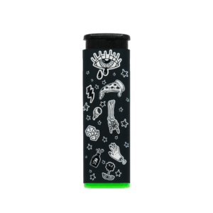 Sweet Vices refillable torch lighter, black body with white doodle art and green base