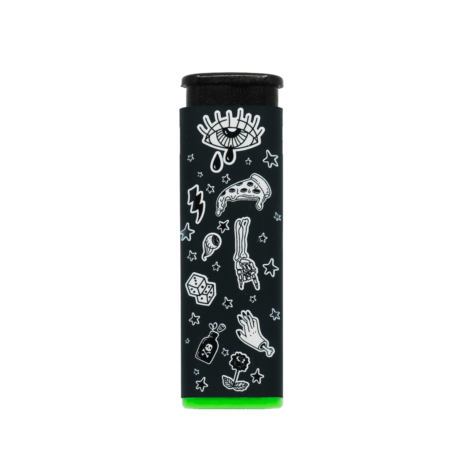 Sweet Vices refillable torch lighter, black body with white doodle art and green base