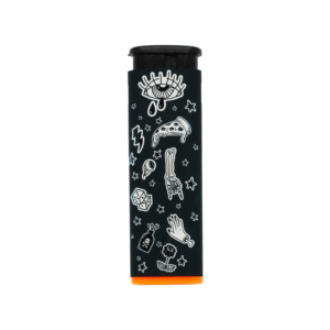 Sweet Vices refillable torch lighter, black body with white doodle art and orange base