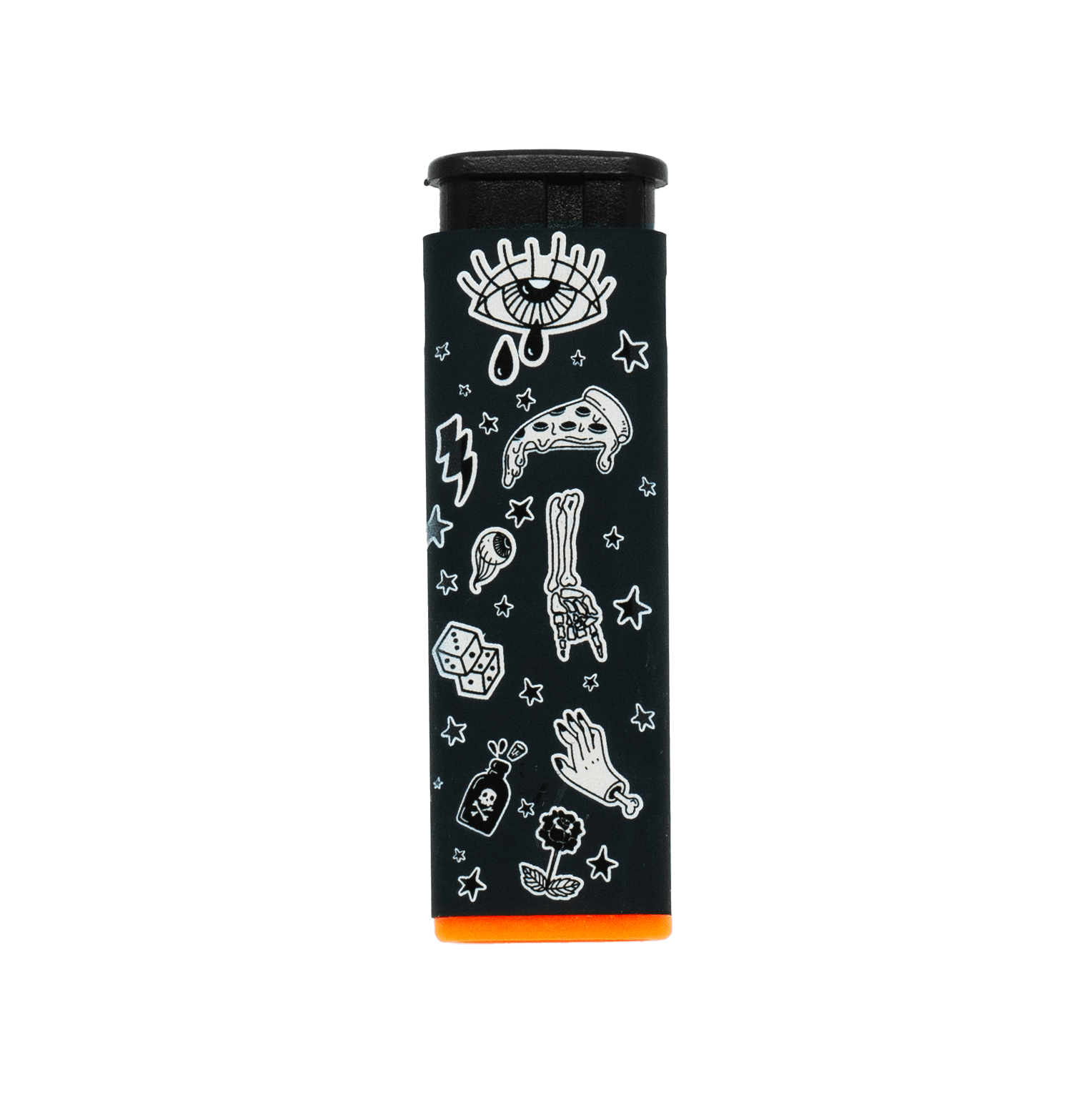 Sweet Vices refillable torch lighter, black body with white doodle art and orange base