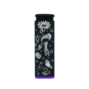 Sweet Vices refillable torch lighter, black body with white doodle art and purple base