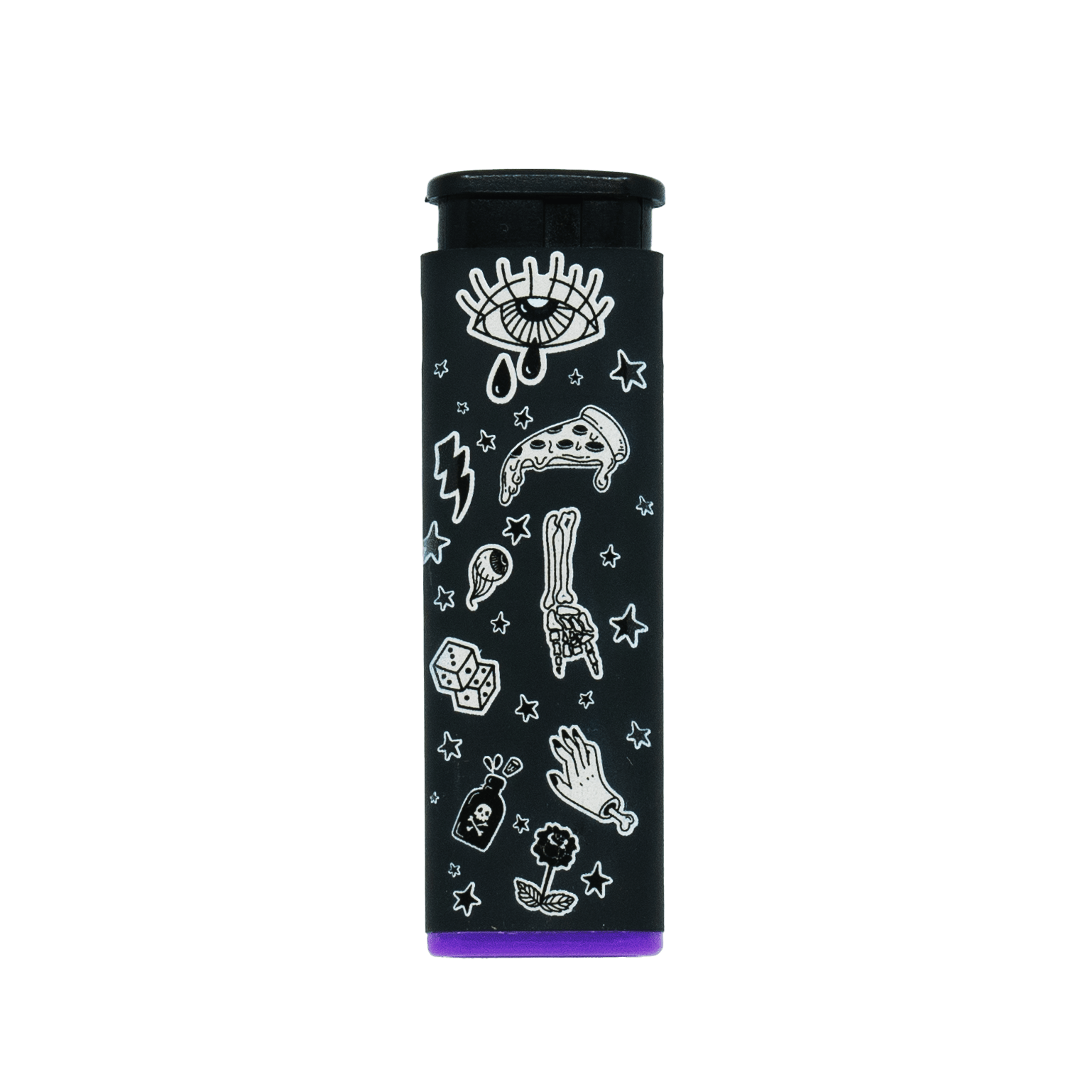 Sweet Vices refillable torch lighter, black body with white doodle art and purple base