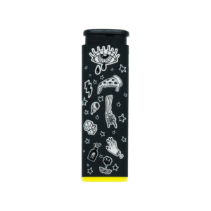 Sweet Vices refillable torch lighter, black body with white doodle art and yellow base