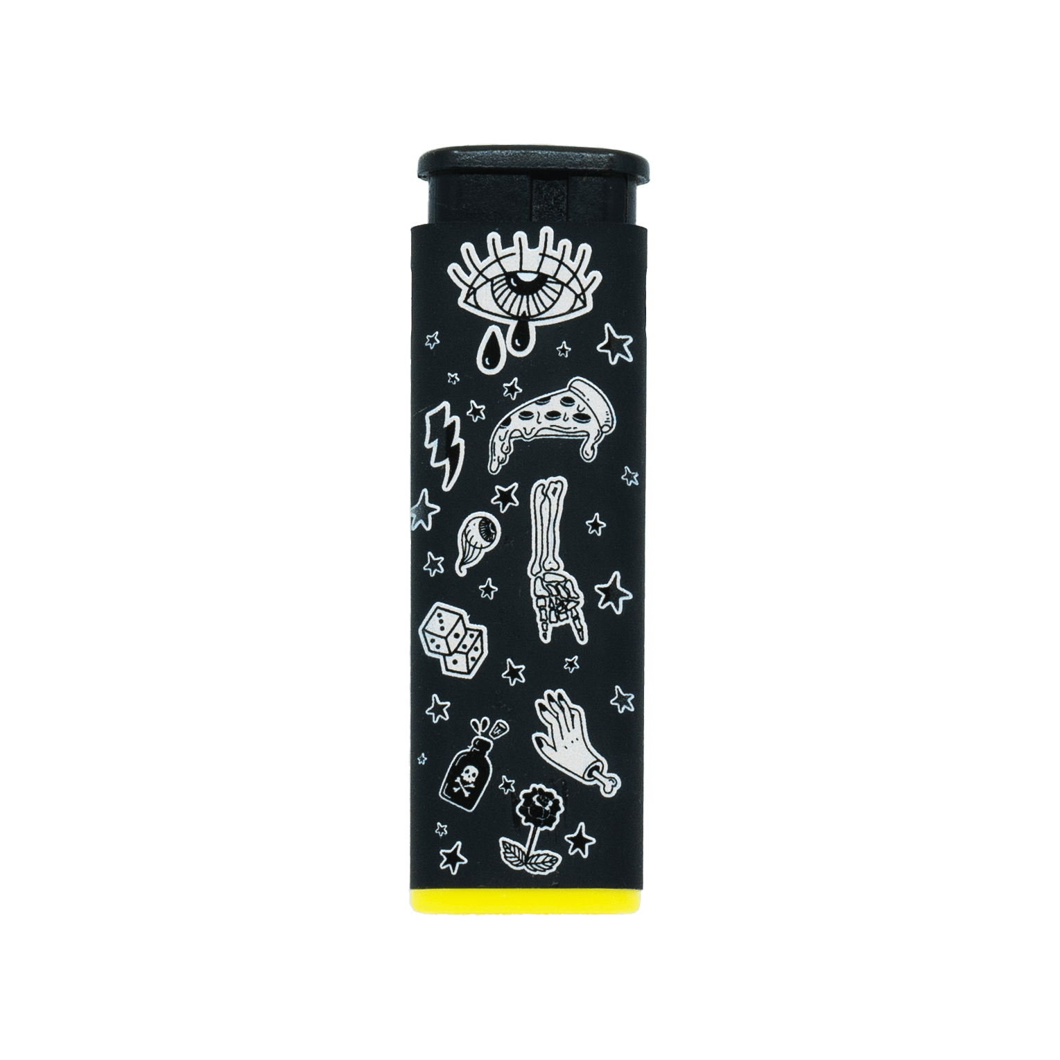 Sweet Vices refillable torch lighter, black body with white doodle art and yellow base