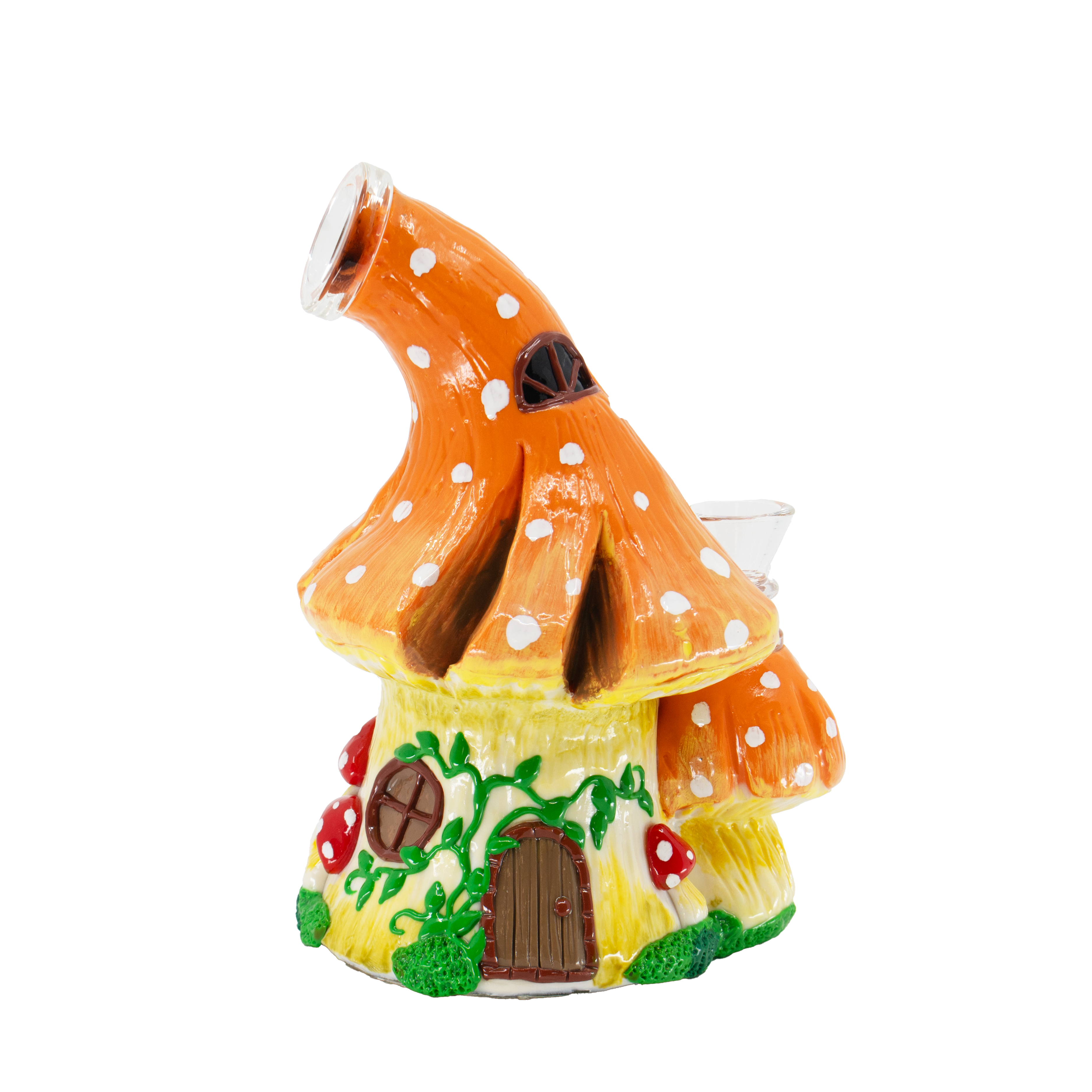Toadstool Hollow Bong, orange mushroom house glass bong with spotted caps