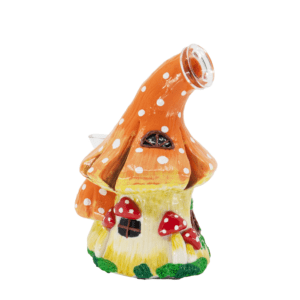 Toadstool Hollow glass bong shaped like an orange mushroom house with red-capped toadstools