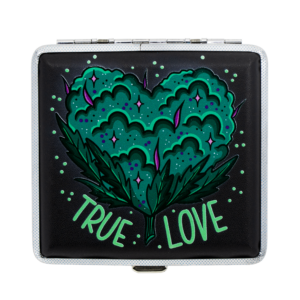 True Love joint stash case by Tarryn Ann, black case with teal heart foliage and text