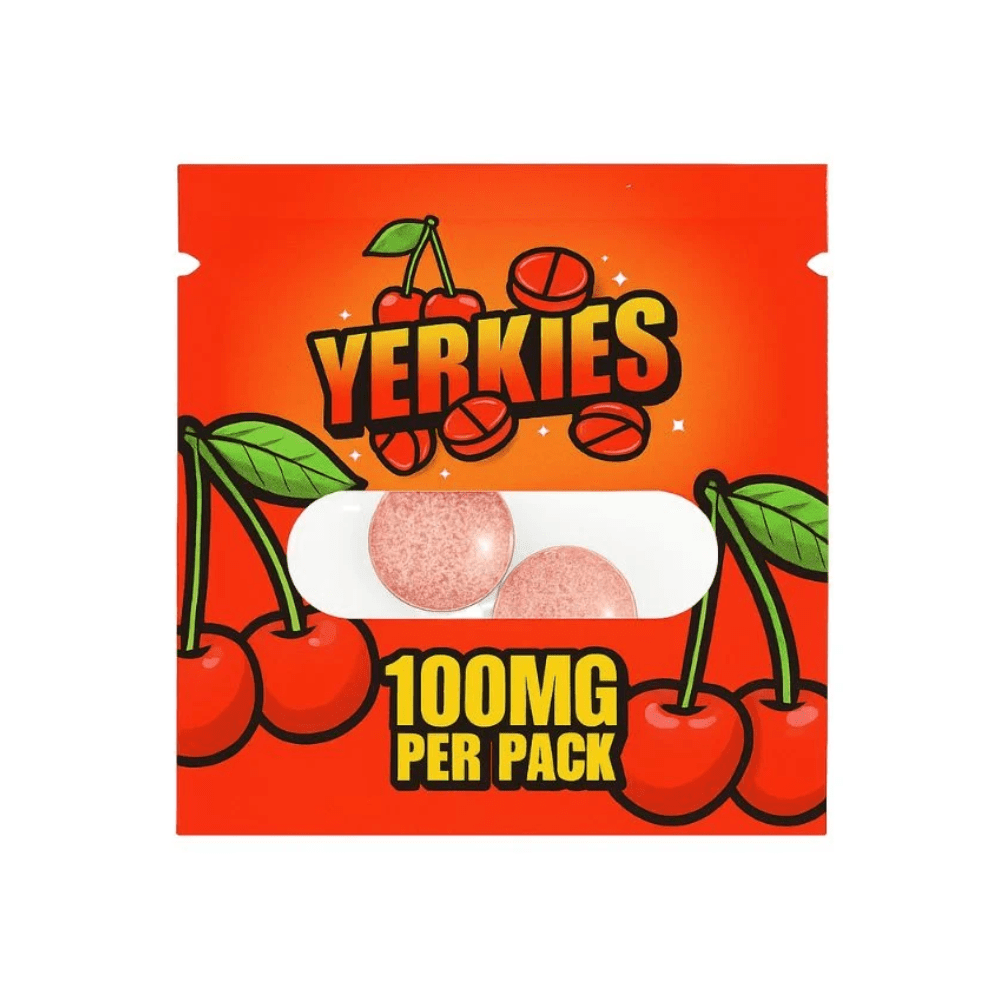 Yerkies 7-OH tablets in cherry popper flavor, 100mg per pack, red pouch with cherries