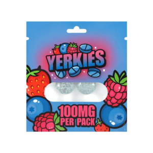 Yerkies 7-OH tablets in triple berry flavor, 100mg per pack, blue pouch with berries