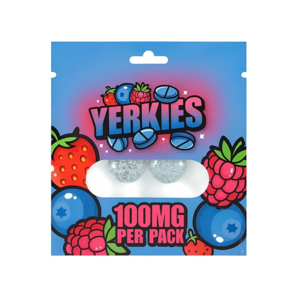 Yerkies 7-OH tablets in triple berry flavor, 100mg per pack, blue pouch with berries