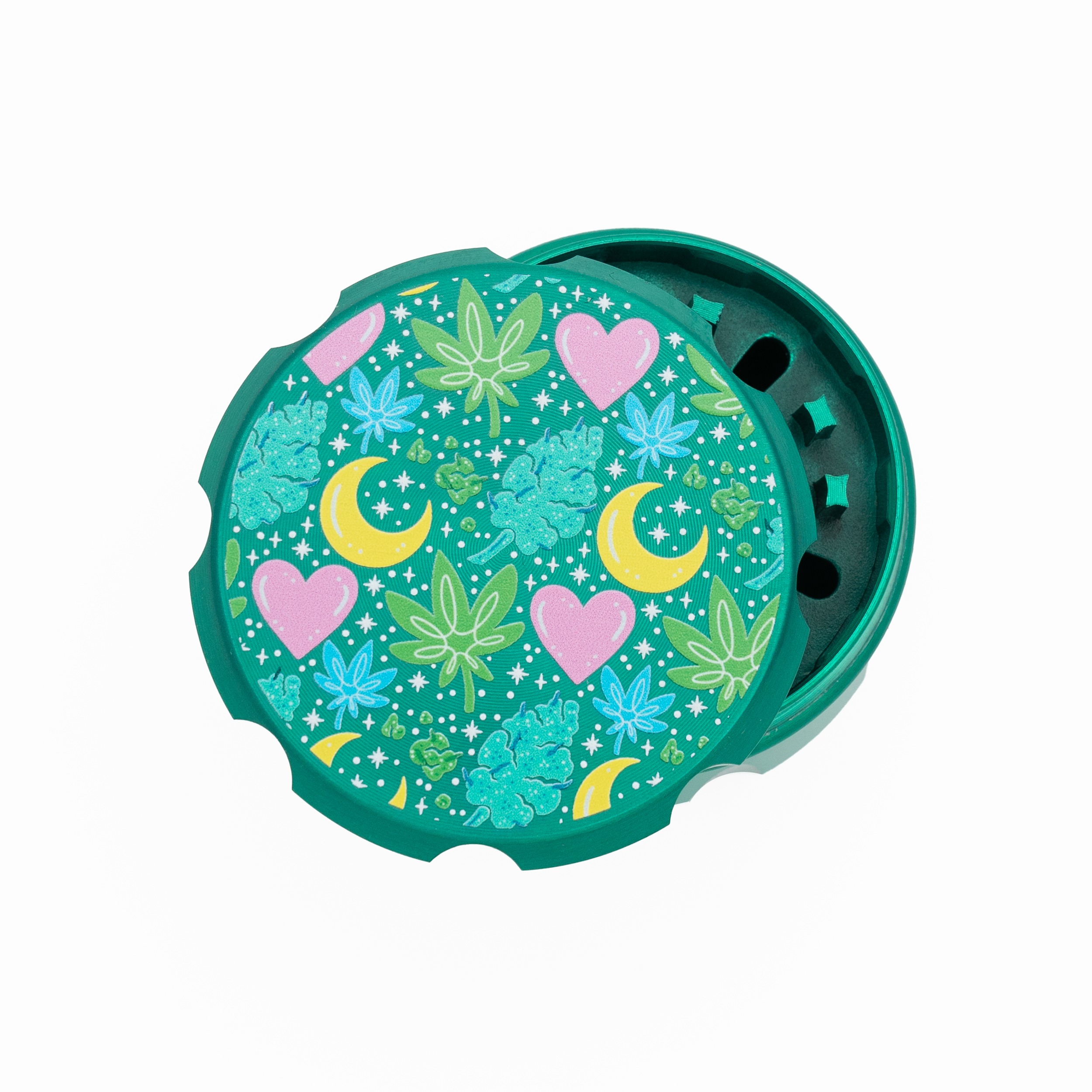 Green Dank magic grinder by Tarryn Ann, green cannabis-leaf design metal herb grinder