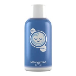 Hydroxie kratom mitragynine shot, 400mg, blue bottle with smiling moon face label