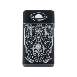 Sun Mudra flip torch lighter, black with white mystic hands, eye, and sigil art
