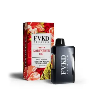 FVKD premium THC-A badder disposable in godfather OG indica, 3.5g red floral box