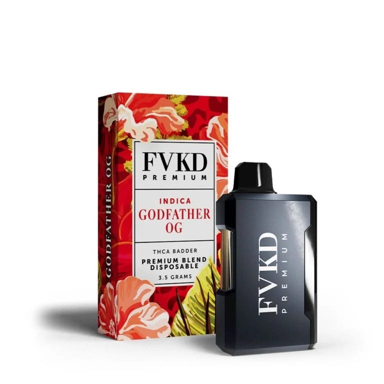 FVKD premium THC-A badder disposable in godfather OG indica, 3.5g red floral box