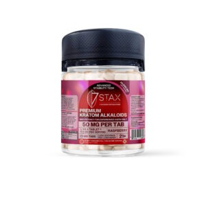 7Stax premium kratom alkaloid tablets in raspberry, 50mg per tab, 500-count bulk pack