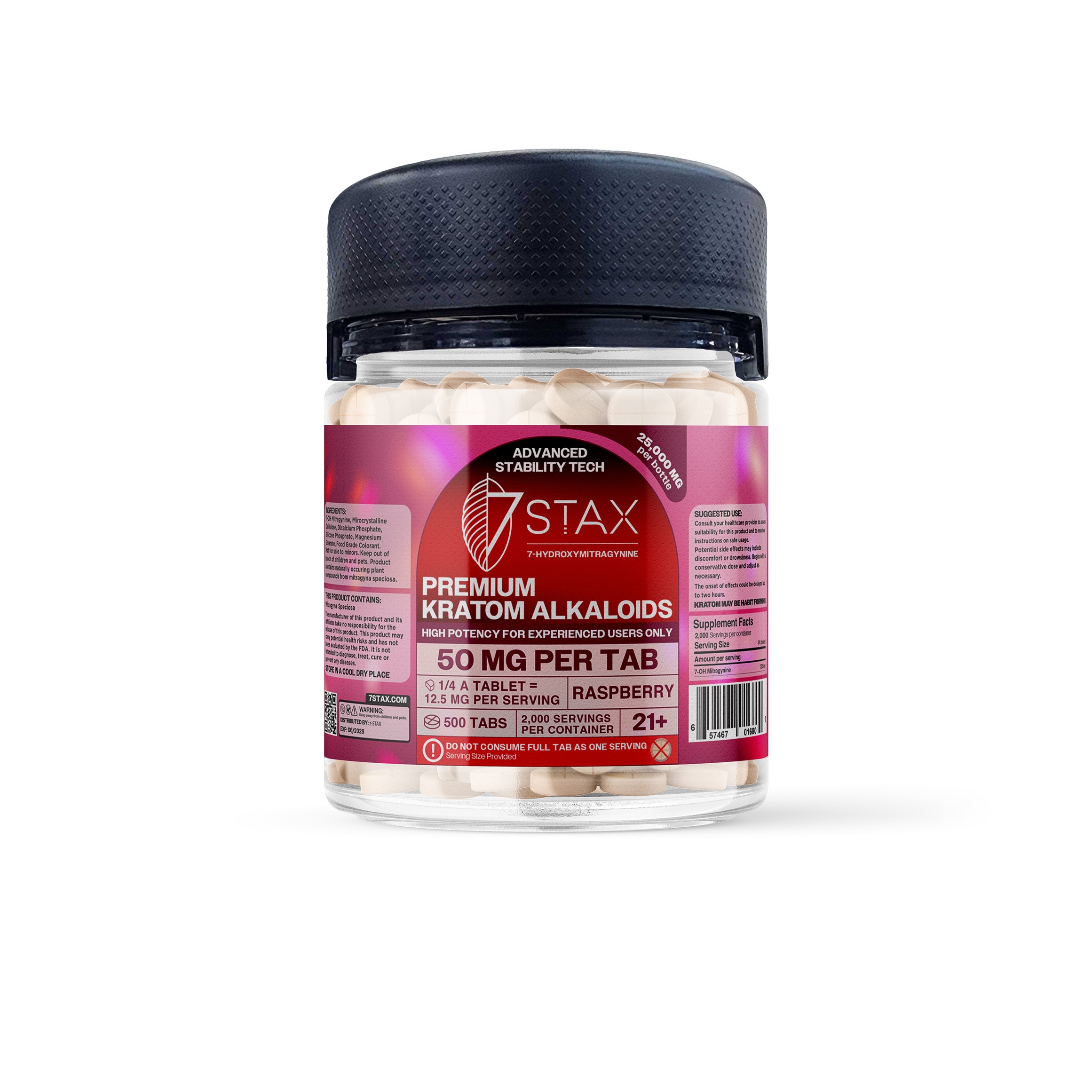 7Stax premium kratom alkaloid tablets in raspberry, 50mg per tab, 500-count bulk pack