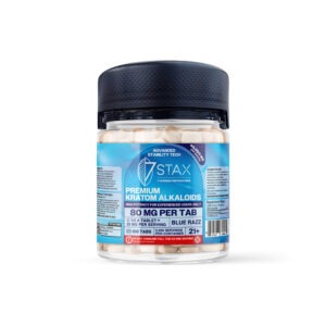 7Stax premium kratom alkaloid tablets in blue razz, 80mg per tab, 500-count bulk pack