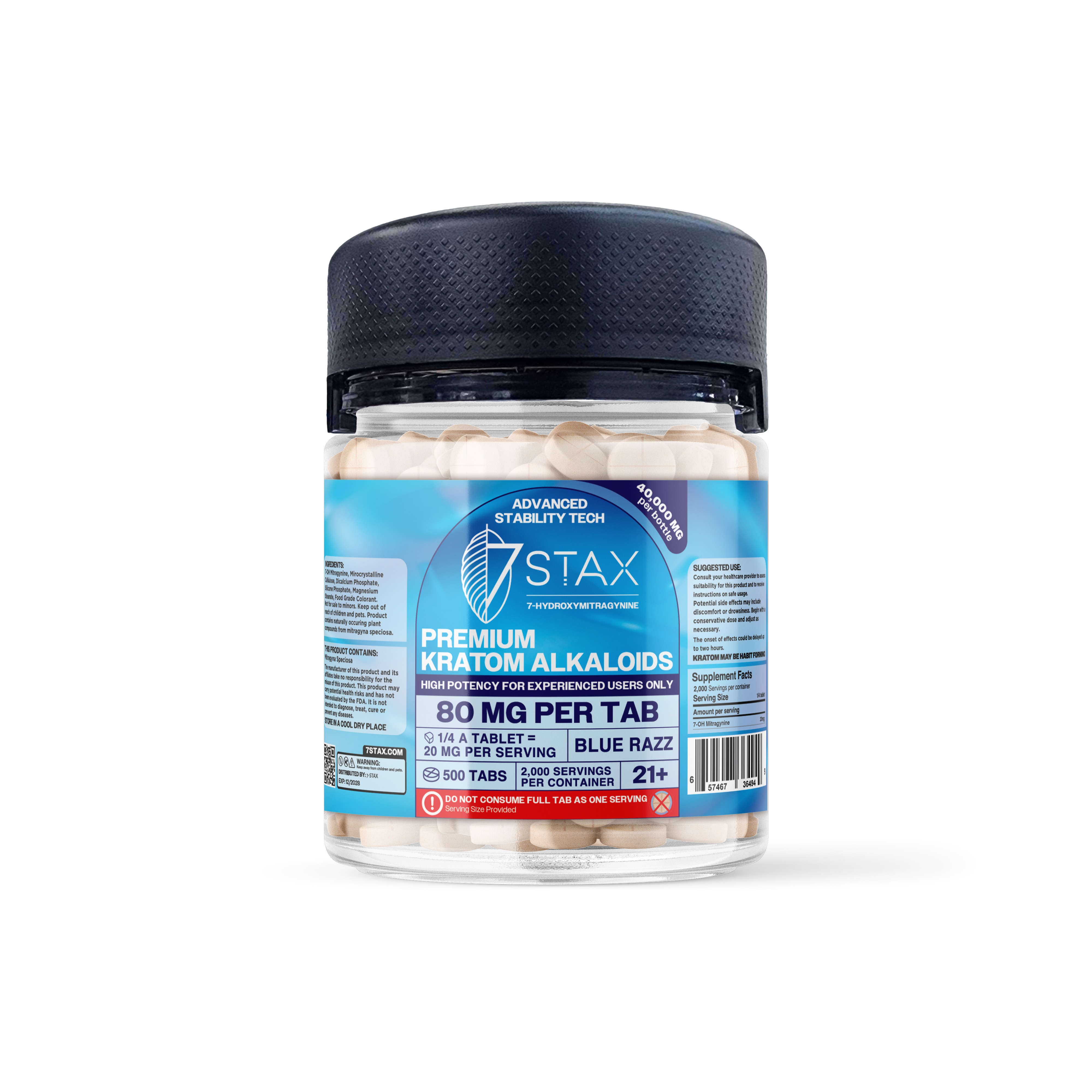 7Stax premium kratom alkaloid tablets in blue razz, 80mg per tab, 500-count bulk pack