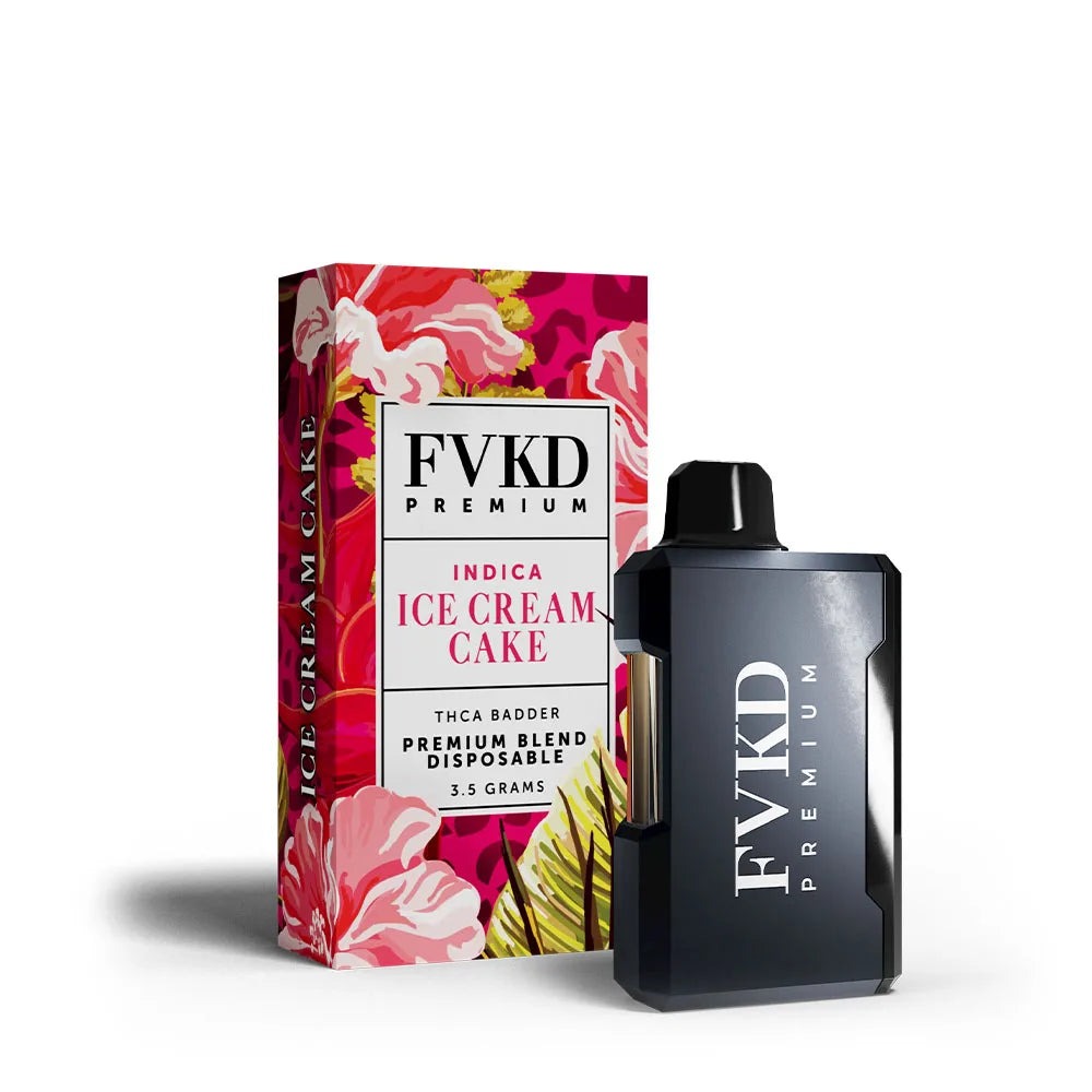 FVKD premium THC-A badder disposable in ice cream cake indica, 3.5g pink box
