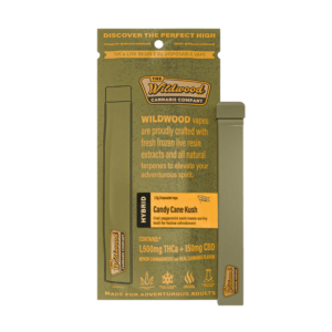 Wildwood THC-A and CBD disposable, 3g, candy cane kush kraft pouch with slim device