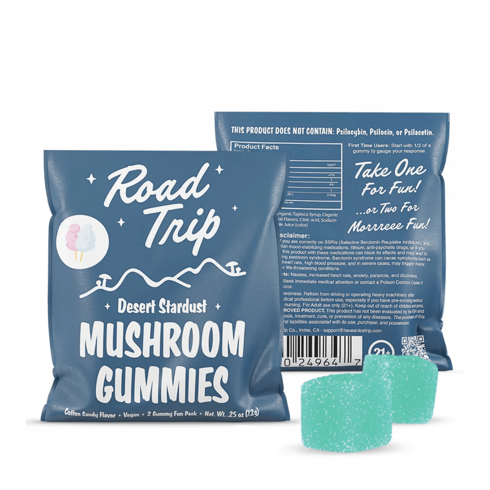 Road Trip desert stardust mushroom gummies in cotton candy, blue 2-count pouch