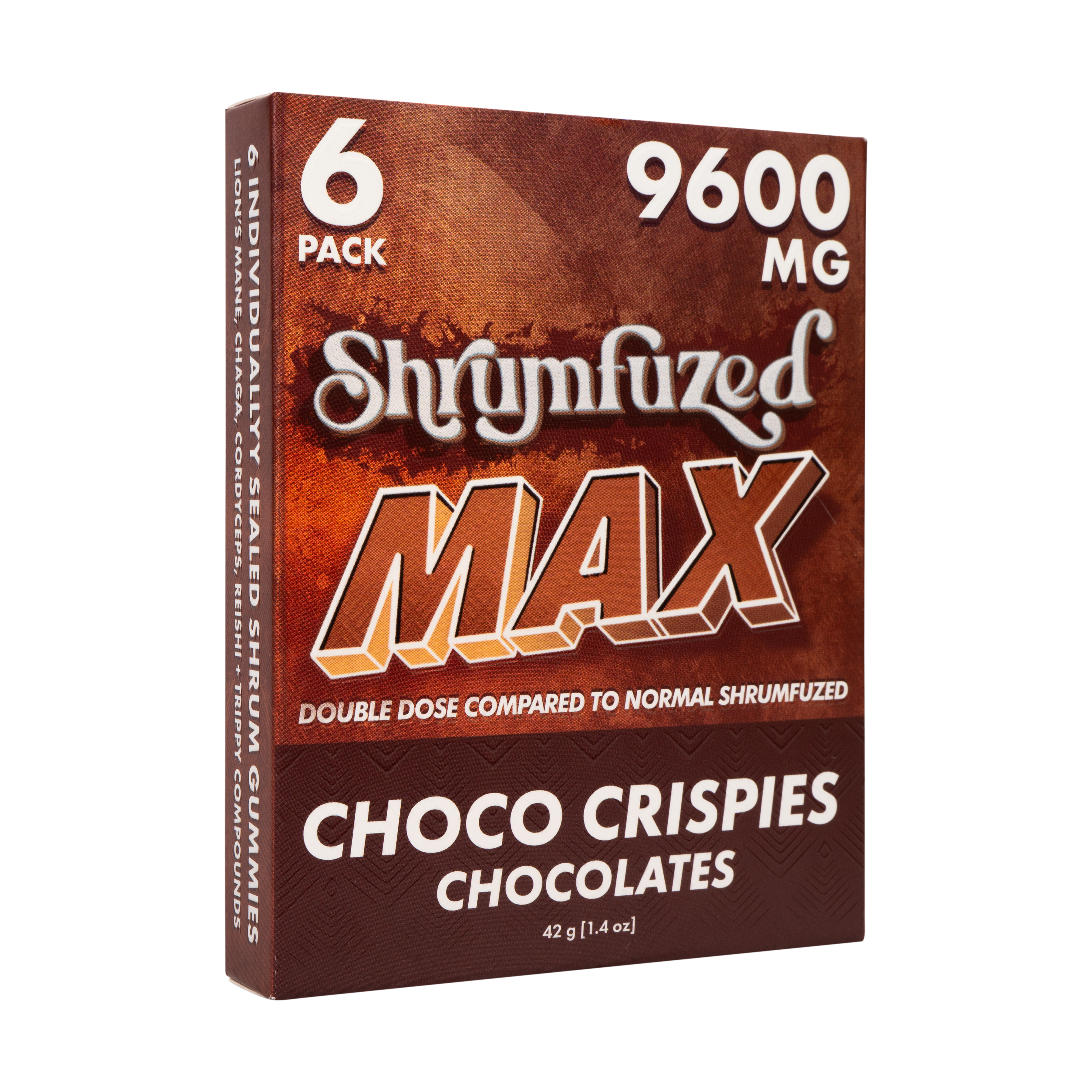 Shrumfuzed MAX choco crispies chocolates bar, 9600mg 6-piece, dark red and brown box