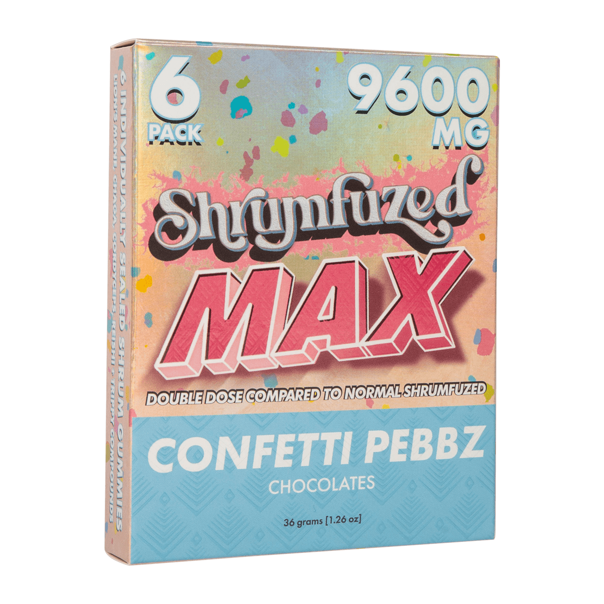 Shrumfuzed MAX chocolate in confetti pebbz flavor, 9600mg colorful blue box, 6 pack