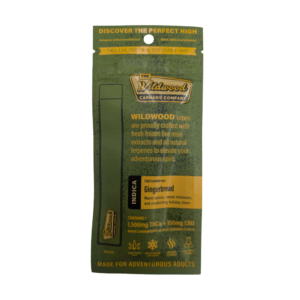 Wildwood THC-A and CBD disposable vape in gingerbread, 2000mg green stand-up pouch