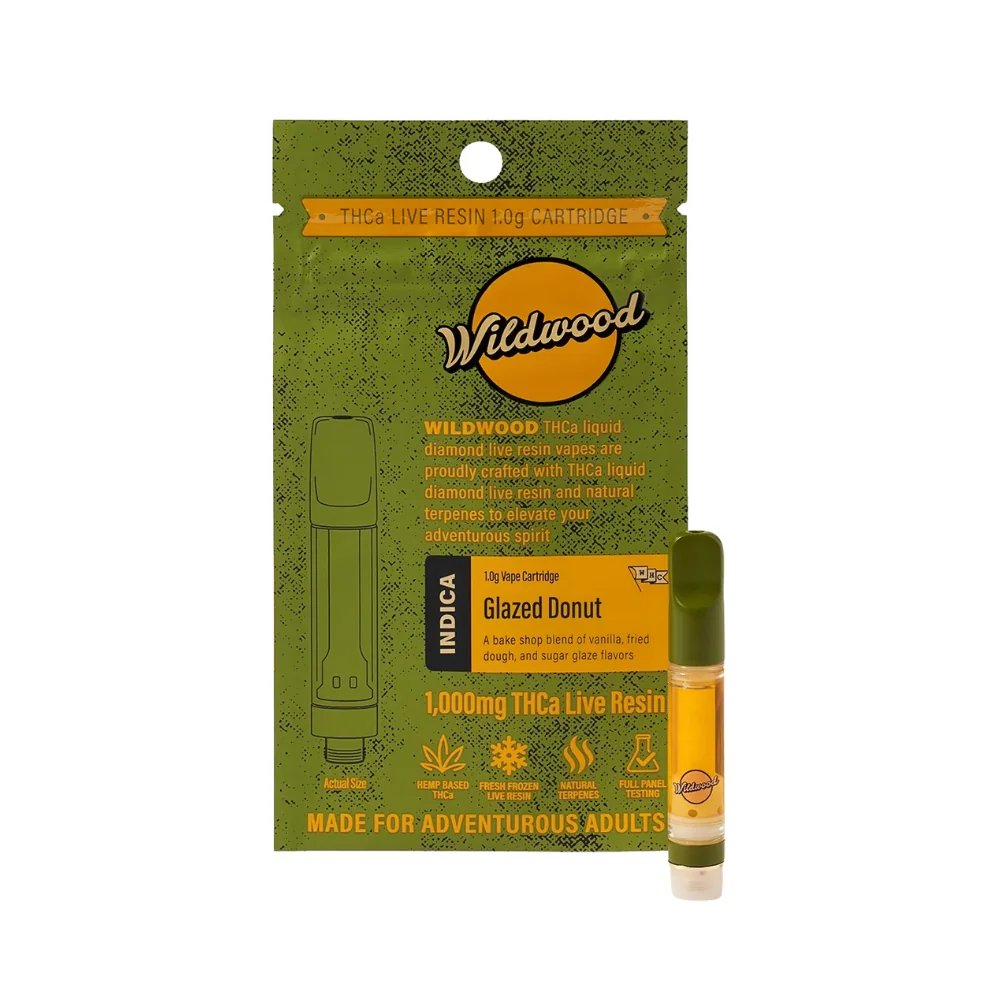 Wildwood THC-A live resin cartridge in glazed donut flavor, 1g cart with green pouch