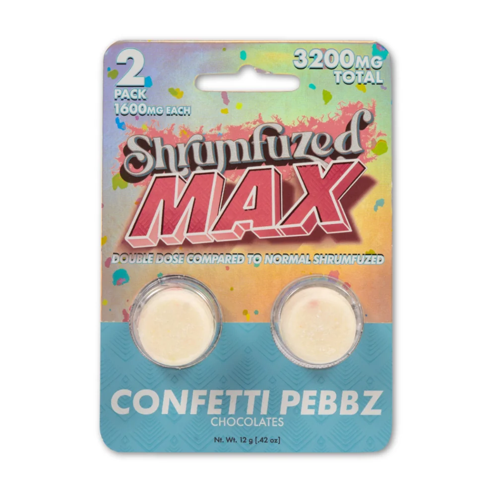 Shrumfuzed MAX confetti pebbz chocolates, 3200mg 2-pack colorful card with two discs