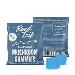 Road Trip desert stardust mushroom gummies in rocket pop, pouch with blue gummies