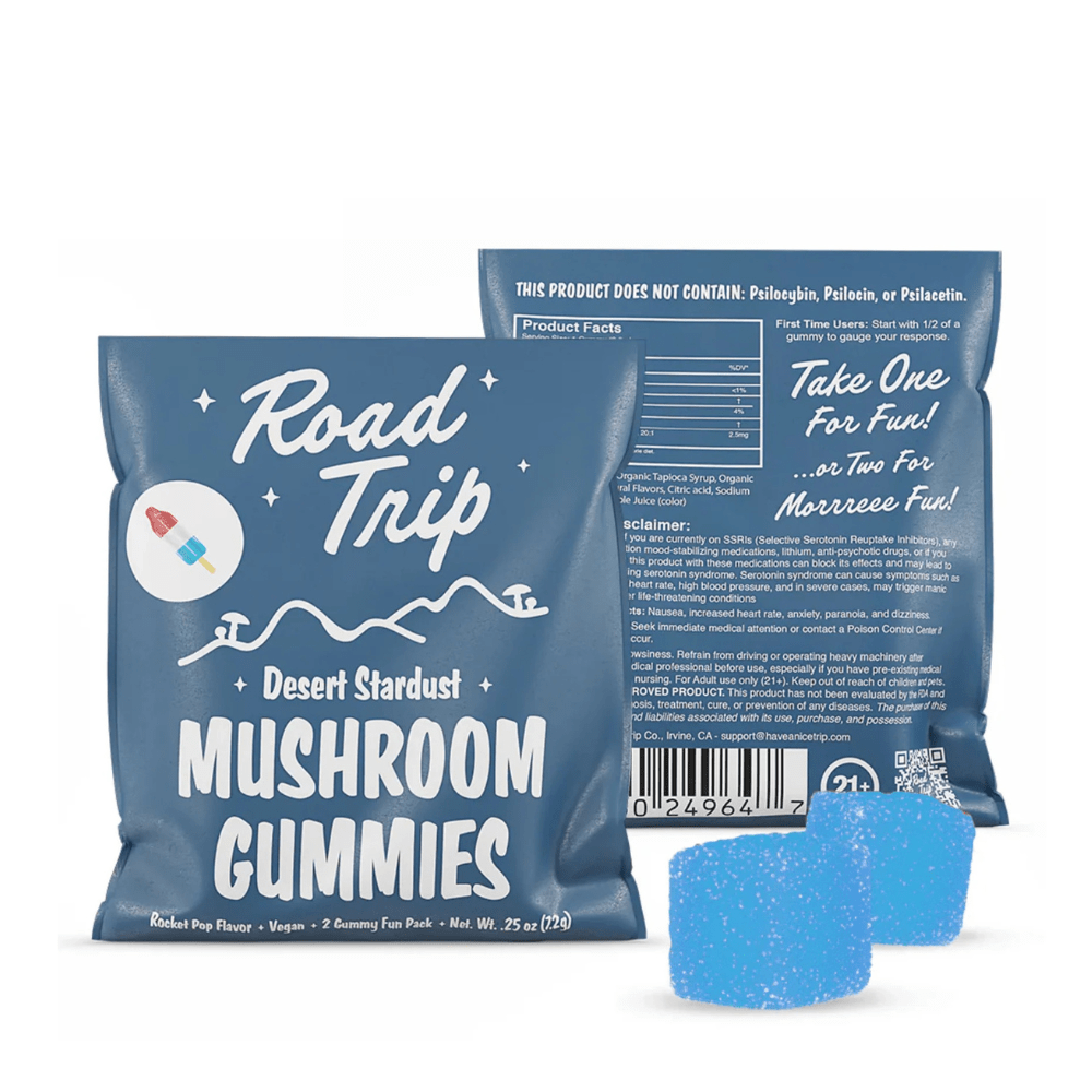 Road Trip desert stardust mushroom gummies in rocket pop, pouch with blue gummies