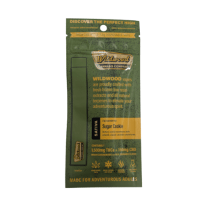 Wildwood THC-A and CBD disposable vape in sugar cookie, 2000mg olive stand-up pouch