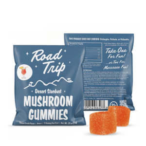 Road Trip desert stardust mushroom gummies in sunset punch, pouch with orange gummies