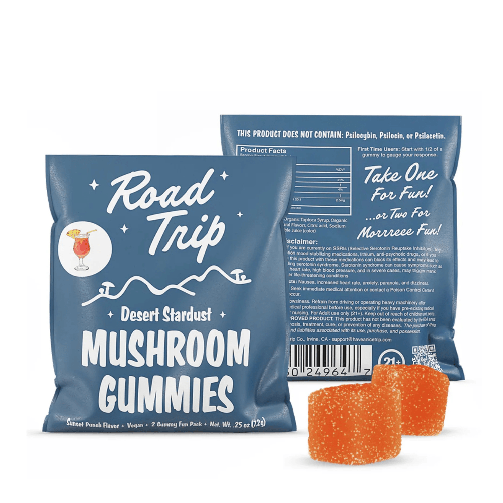 Road Trip desert stardust mushroom gummies in sunset punch, pouch with orange gummies