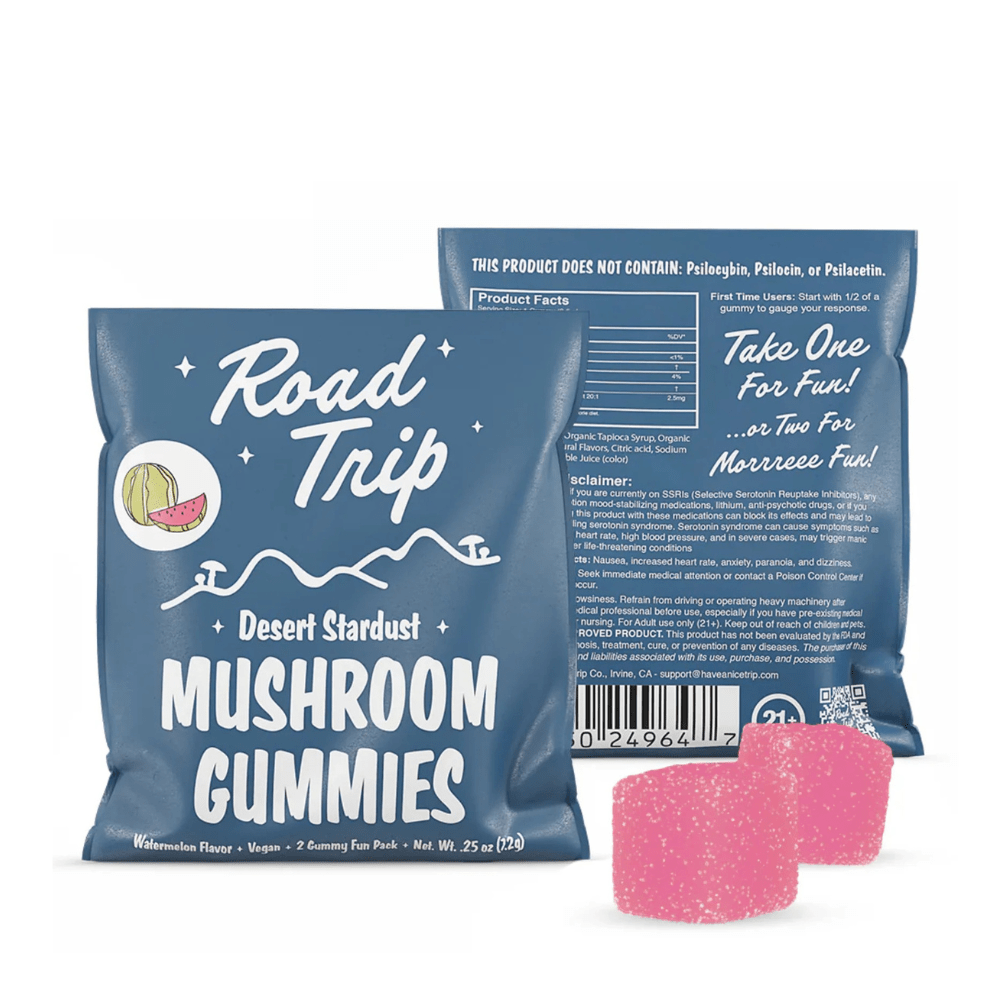 Road Trip desert stardust mushroom gummies in watermelon, pouch with pink gummies